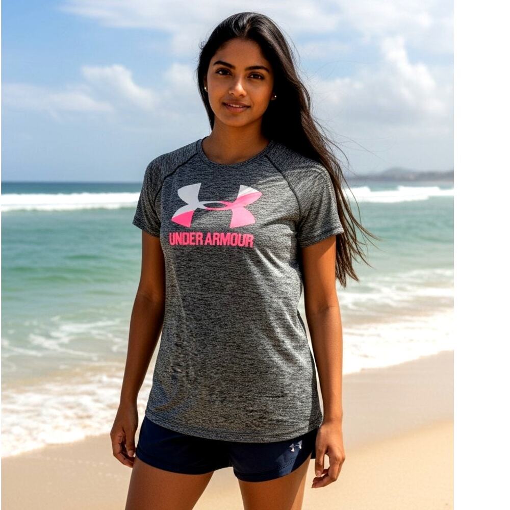 UNDER ARMOUR Big Girls HeatGear Performance Black & Gray T-Shirt - Size: L Youth